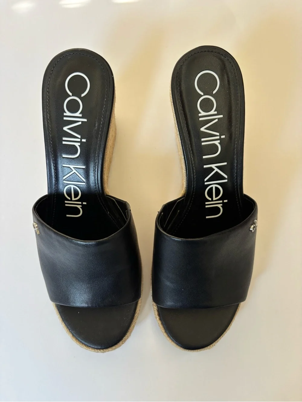 Calvin Klein Black Leather Bandera Wedge Espadrille Slide Sandal 3-1/2” Heel 8